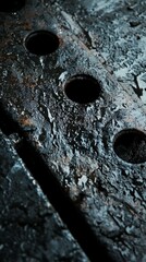 Wet Texture of Dark Metal Surface with Circular Holes and Rust