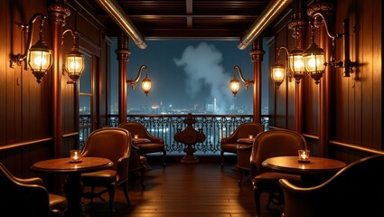 Fototapeta premium A cozy industrial-style balcony with a cityscape view at night. Features a red chaise lounge, a round table, chairs, and warm string lights. The city skyline includes smokestacks and buildings