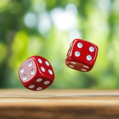 Two red dice on a wooden table for chance game realistic photography with copy space