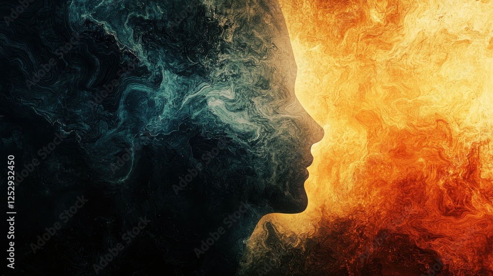 Poster abstract art of a silhouette blending with colorful swirls representing emotion and human connection
