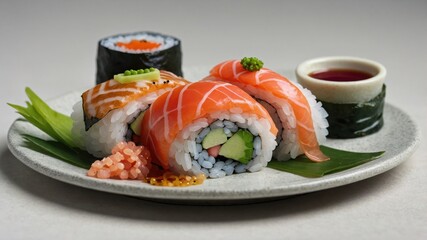Beautifully arranged sushi platter with salmon, avocado rolls, soy sauce, and fresh garnishes