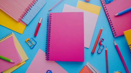 A vibrant pink spiral notebook placed on a pastel-colored desk with scattered stationery.