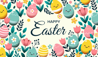 Happy Easter, decorated Easter card, banner. Easter eggs surrounded by bright spring flowers and leaves. Pastel spring background. Decorative handwritten font.