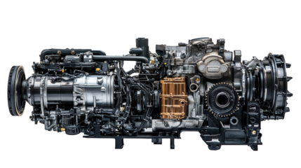Complex modern car engine isolated on transparent background