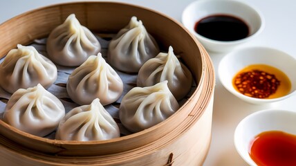 Steamed dumplings served in a bamboo basket with a variety of dipping sauces.