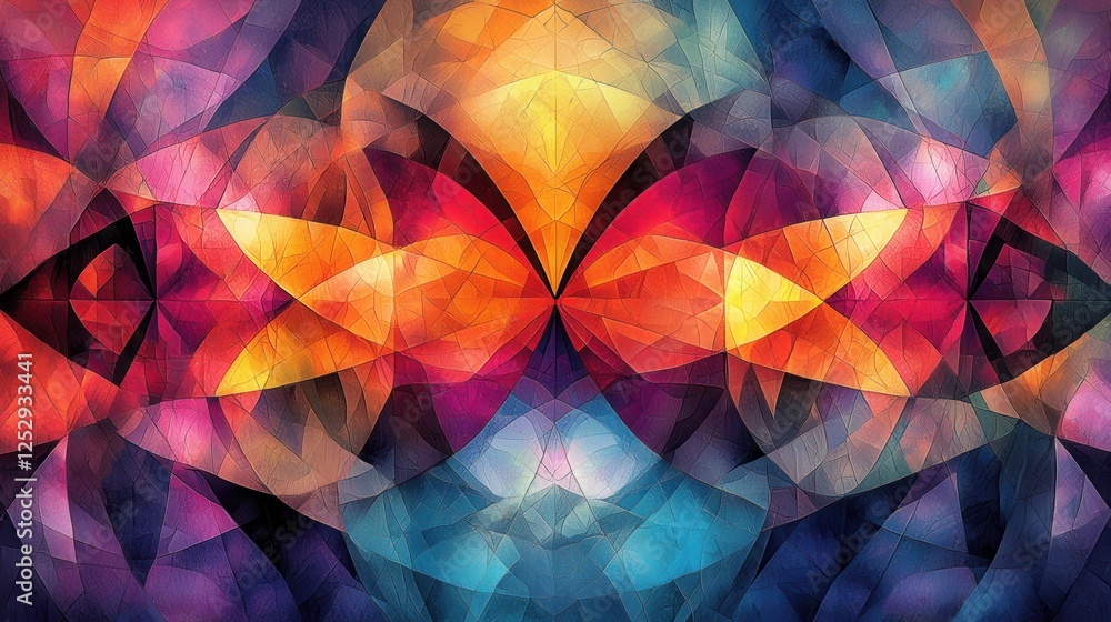 Poster vibrant abstract art with kaleidoscope patterns in bright colors and soft geometric shapes, perfect 