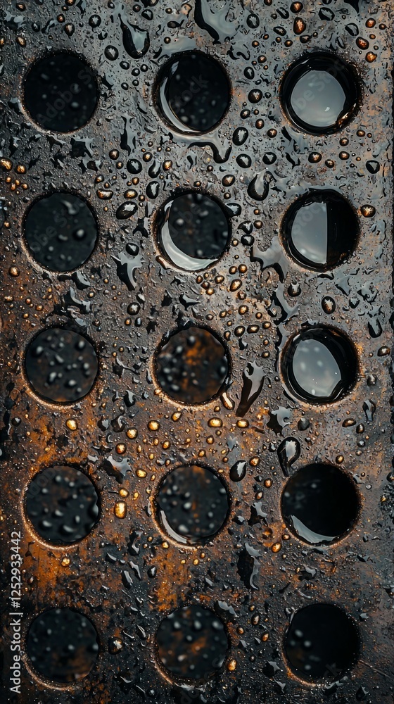 Poster wet metallic surface with water drops and circular patterns