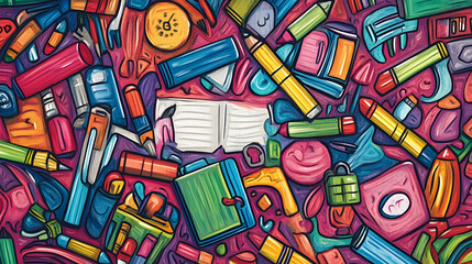 A dynamic school supplies collage featuring books, pencils, erasers, sharpeners, and more in a vibrant, artistic composition with bold colors.

