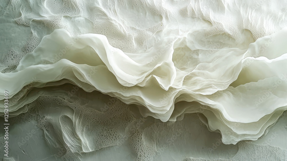 Poster ethereal flowing textures with soft curves and layers in subtle white tones for artistic and upscale