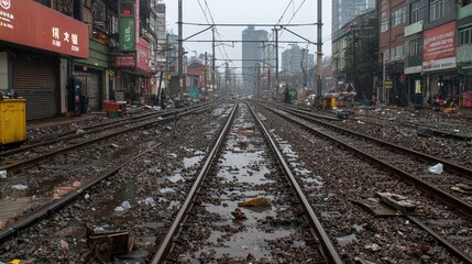 Rainy day city train tracks, urban background