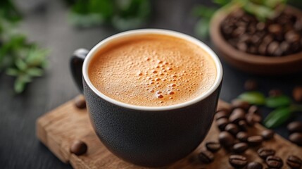 Freshly brewed coffee with rich foam in black cup on wooden board, surrounded by coffee beans and green leaves on dark rustic background