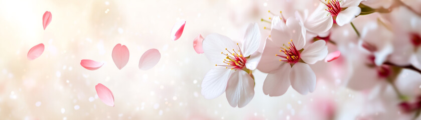 Holiday themed banner with cherry blossom petals gently falling against a soft pastel background, symbolizing the beauty of spring and renewal. Concept of celebration, nature, and seasonal transition.