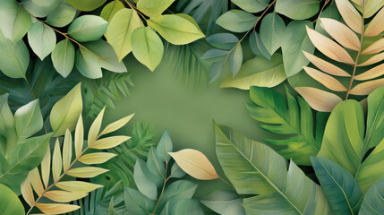 Tropical foliage texture with soft green leaves overlapping, creating lush and vibrant botanical background with various shades of green and yellow