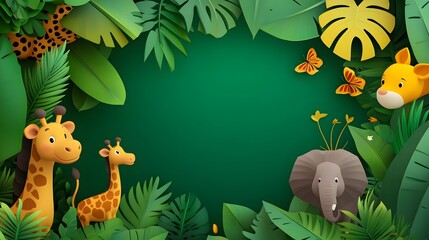 Fototapeta premium Colorful Cartoon Animals Surrounded by Lush Tropical Foliage