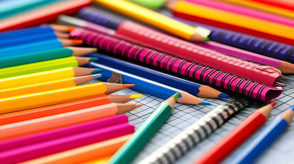 Fototapeta premium A close-up of colorful pencils, spiral notebooks, and school essentials, creating a vibrant and playful school supply arrangement.