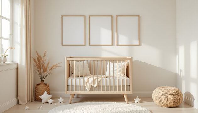 Mockup frames in Scandinavian nursery with wooden crib and minimalist decor &ndash; modern unisex kids' room interior