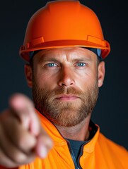 Serious male construction worker in hard hat pointing to the right while standing against a white background