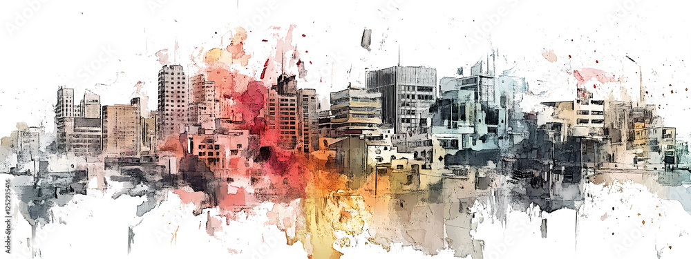 Poster abstract grunge cityscape with colorful splashes isolated on transparent background