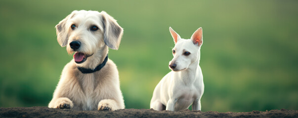 Two dogs are sitting on a dirt ground, one is white and the other is brown