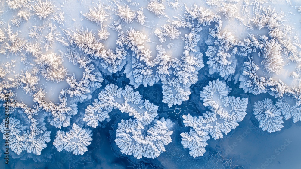 Poster frosty patterns on frozen surface captured from above in winter scene