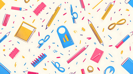 A seamless pattern of school supplies on a light background, featuring pencils, rulers, sharpeners, erasers, and scissors, creating a fun and organized look.