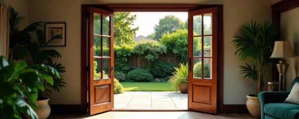 Pair of dark wood French doors opening to a patio, exterior design, backyard, landscape view
