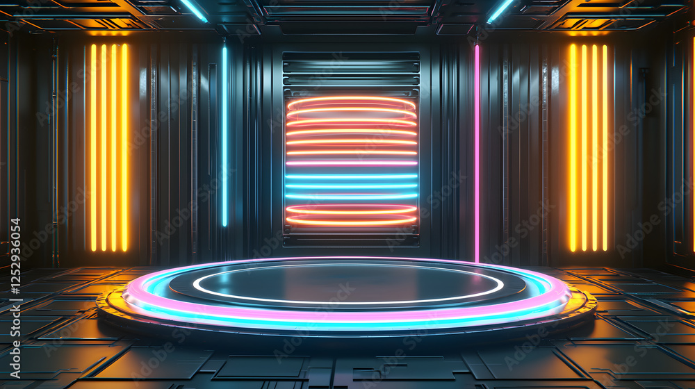 Aufkleber dynamic neon stage setup futuristic studio graphic design high-tech environment aerial view visual a