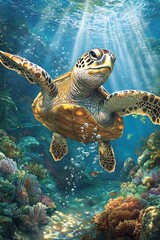 Obraz premium Animal swimming in clear water, surrounded by underwater plants and sunlight shining through the surface