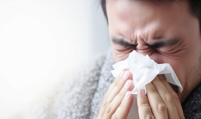 A man is blowing his nose with a tissue