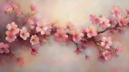Obraz premium A delicate arrangement of pink cherry blossoms against a soft pastel background, perfect for spring-themed marketing, greeting cards, or home decor, It evokes feelings of renewal and beauty,