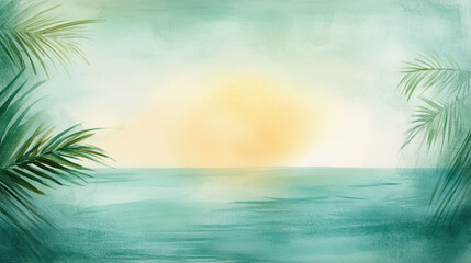 Tropical lagoon with gradient of lush green fading into vibrant turquoise waters, framed by palm leaves and warm golden sunset in background, creating serene and dreamy atmosphere