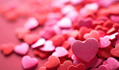 Obraz premium A bunch of red hearts are scattered on a red background