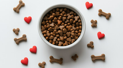 A vibrant collection of red, orange, yellow, and brown dog biscuits shaped like hearts and bones, filling a stainless steel bowl. Perfect for rewarding your dog with a colorful snack.
