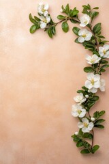A delicate branch of white blossoms and green leaves gracefully curves along a soft, peach-toned background, Ideal for floral-themed designs, invitations, or springtime promotions,