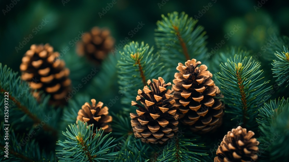 Poster textural tapestry of pine cones and emerald needles in tranquil forest setting