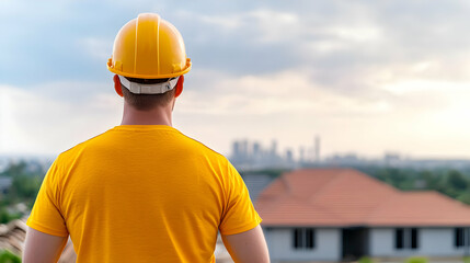 Construction worker overlooks cityscape, new home