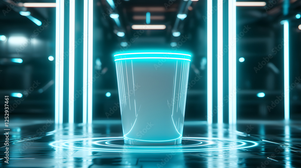Poster futuristic neon bucket display high-tech lab digital art sleek environment aerial view conceptual de