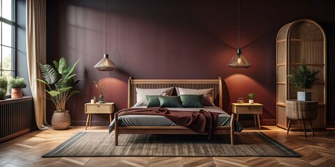 Dark Maroon Bedroom Interior Mockup: Scandinavian Rattan Bed, Empty Wall, 3D Render