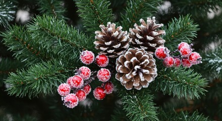 Frosted pinecones and red berries on a snowy evergreen branch