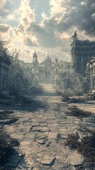Naklejka premium Abandoned Cityscape with Dramatic Clouds and Overgrown Pathway