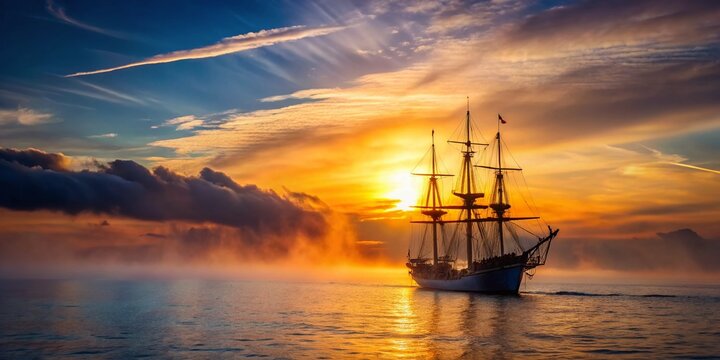 Dawn of Discovery: Low-Light Exploration Ship at Sunrise