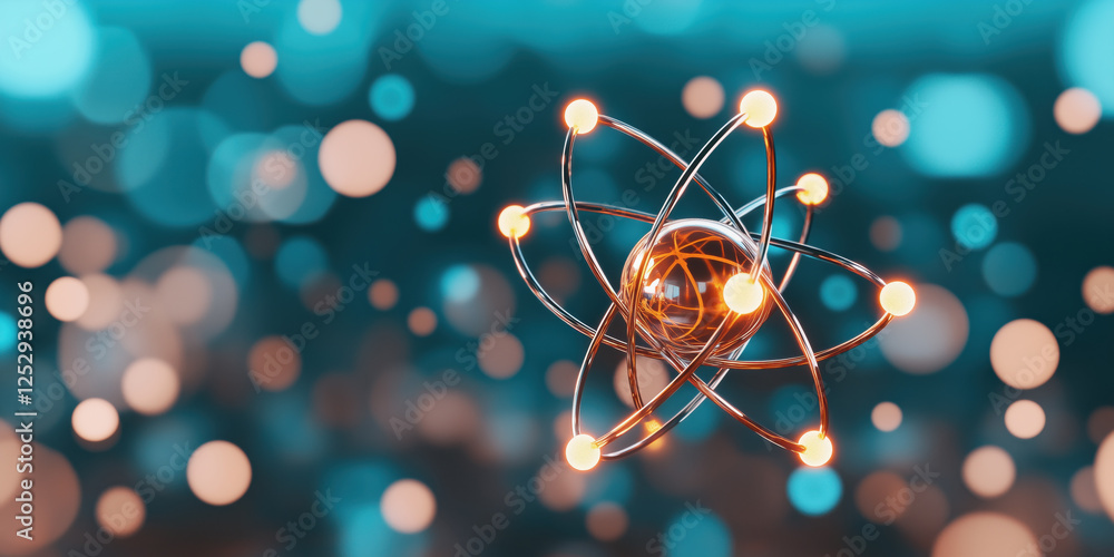 Poster conceptual artwork of quantum particle in superposition, showcasing atom with glowing electrons