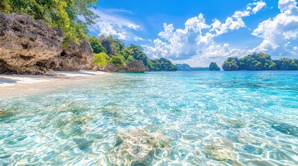 Fototapeta premium Tropical beach paradise crystal clear water, white sand, lush greenery, sunny sky