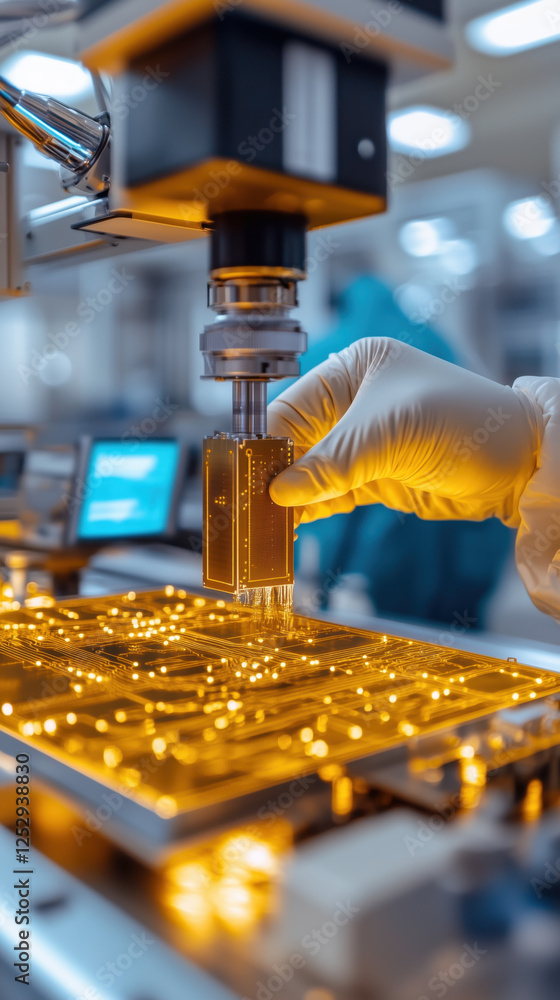 Poster technician handling glowing circuit board in lab environment