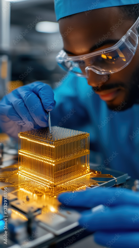 Poster technician assembling glowing quantum computer core with precision