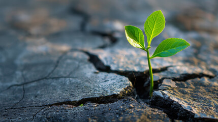 A small green plant is growing out of a crack in a rock