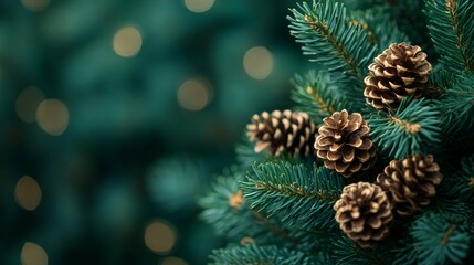 Evergreen Sprigs and Pine Cones, A Close-Up of Winter's Rustic Charm and Holiday Season Decor