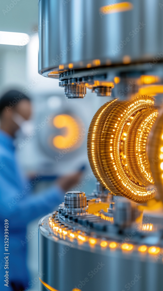 Poster futuristic quantum computer core with glowing components and intricate design