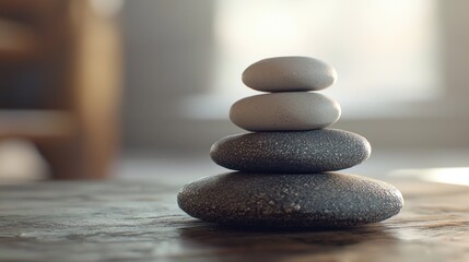 Zen Stones Stacked on Wooden Table: A Symbol of Balance and Serenity