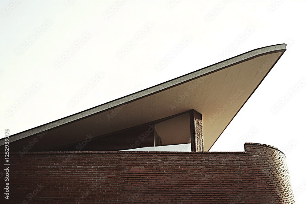 Aufkleber Low angle view of a modern architectural building with exposed brick walls and a sharp overhanging roof, showcasing contemporary design elements and clean lines against the sky.